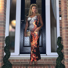 Sleeveless Pullover Flame Print Slim Fit High Waist Long Sheath Dress Shopping