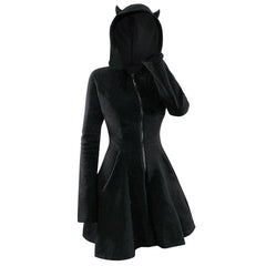 Patchwork Gothic Style Hooded Long Sleeve Pleuche Cat Ear Dress Shopping