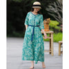 Image of Summer New Cotton Linen Floral Ramie Dress Contrast Color Belt Slim Fit Shopping