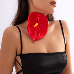 Flower Choker Fabric Flannel Handmade Collar Exaggerated Red Big Leaf Necklace