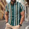 Image of Casual Striped Printed Short Sleeve Shirt Summer Lapel Button Top Men's Clothing Shopping