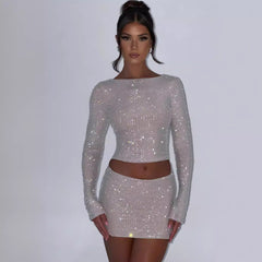 Long Sleeve Top Rhinestone Tight Mini Skirt Suit Shopping