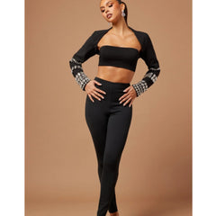 Long Sleeve Top Bandeau Sling High Waist Casual Long Skinny Pants Three-piece Suit