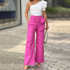 Women's Shoulder Puff Sleeve Top Wide Leg Pants Two-piece Set Shopping