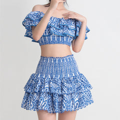 Seaside Vacation Style Two-piece Collar Short Ruffled Shirt High Waist Skirt Outfit Shopping