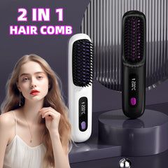 2 In 1 Straight Hair Comb Wireless Hair Straightener Brush Hair Fast Heating Portable Hot Curler USB Charging Shopping111