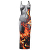 Image of Sleeveless Pullover Flame Print Slim Fit High Waist Long Sheath Dress Shopping