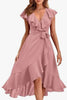 Image of Women's V-neck Short Sleeve Ruffles Long Tie Dress Shopping