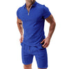 Image of 2Pcs Casual Waffle Suit Summer Zipper Lapel Short-sleeved Top And Drawstring Pockets Shorts Versatile Solid Color T-shirt Set For Mens Clothing Shopping