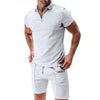 Image of 2Pcs Casual Waffle Suit Summer Zipper Lapel Short-sleeved Top And Drawstring Pockets Shorts Versatile Solid Color T-shirt Set For Mens Clothing Shopping