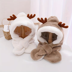 Cute Deer Hat Women Plush Rabbit Ear Funny Lolita Sweet Kawaii Winter Fluffy Fleece Warm Hat Plush Winter Thickened Cute Antlers Baby Hat With Scarf For 5-10 Y Children Shopping