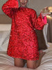 Image of Sequined Lace-up Dress Round Neck Long Sleeve Shopping