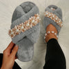 Image of Cross Fur Slipper Pearl Advanced European And American Korean Style Home Plus Size Flowers Shopping