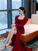 Image of Bride Fishtail Square Collar Long Sleeve Design Simple Satin Evening Dress Shopping