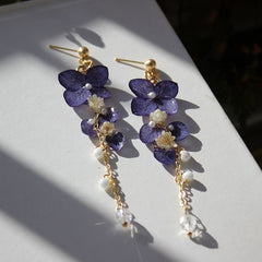 Handmade Dark Blue Eternal Hydrangea Flower Tassel Pendant Earrings