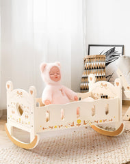 ROBOTIME Doll Crib Wooden Baby Doll Cradle Doll Bed Doll Furniture Accessories Doll Rocking Cradle With Bedding For 18 Inch Dolls