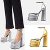 Image of Golden Square Head Hollow Waterproof Platform Buckled Chunky Heel Super High Heel Shopping