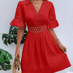 Patchwork Lace Fashion V-neck Tight Waist Solid Color Dress Shopping