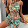 Image of Waist Printed Halter Off-the-shoulder One-piece Shorts Shopping