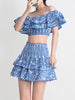 Image of Seaside Vacation Style Two-piece Collar Short Ruffled Shirt High Waist Skirt Outfit Shopping