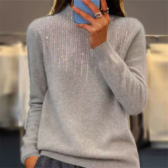 Women's Pullover Sweater Half-high Collar With Diamonds