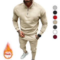 Men's Casual Fleece-lined Solid Color Top And Trousers Suit