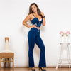 Image of Shascullfites Shaper Set Dark Blue Flared Lift Jeggings Button Up Crop Top Sexy Club Party Set Flare Jeans Woman 2 Pieces Set Shopping