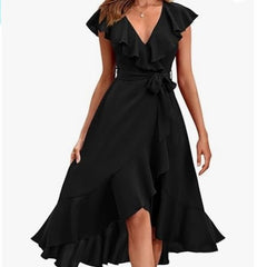 Women's V-neck Short Sleeve Ruffles Long Tie Dress