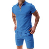 Image of 2Pcs Casual Waffle Suit Summer Zipper Lapel Short-sleeved Top And Drawstring Pockets Shorts Versatile Solid Color T-shirt Set For Mens Clothing Shopping